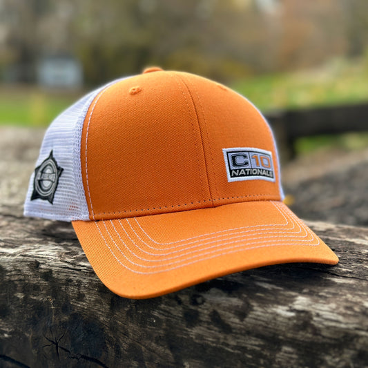 C10 Nationals® Orange & White Small Logo 2023 Snap Back Mesh Hat